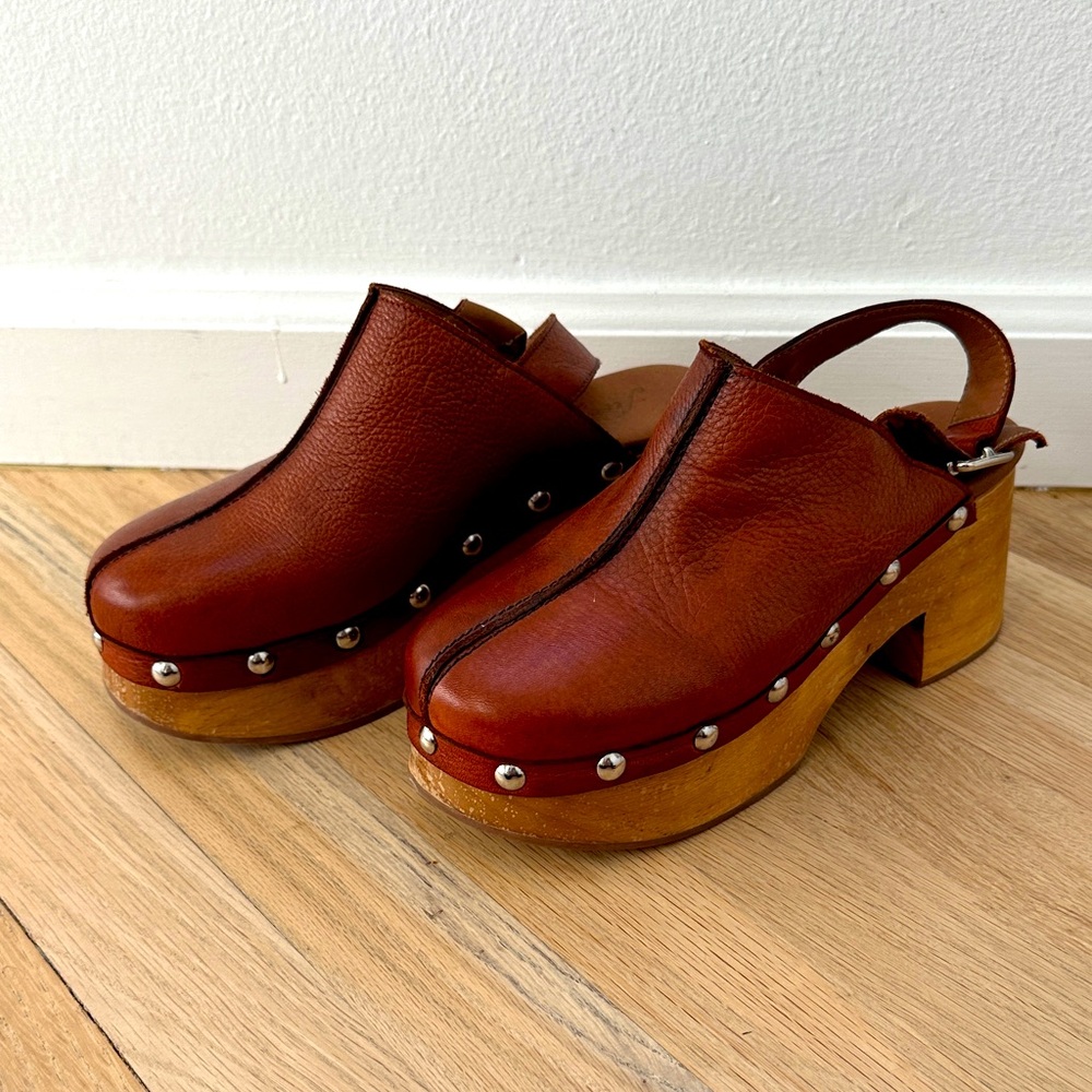 Free People Brown Leather Studded Clogs